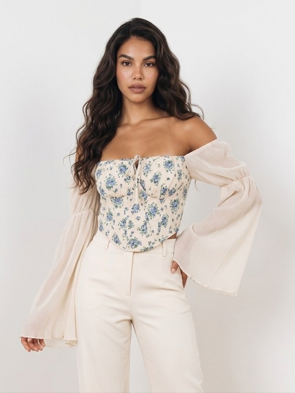 Cider floral corset crop top with sheer flared sleeves  S Cream Blue